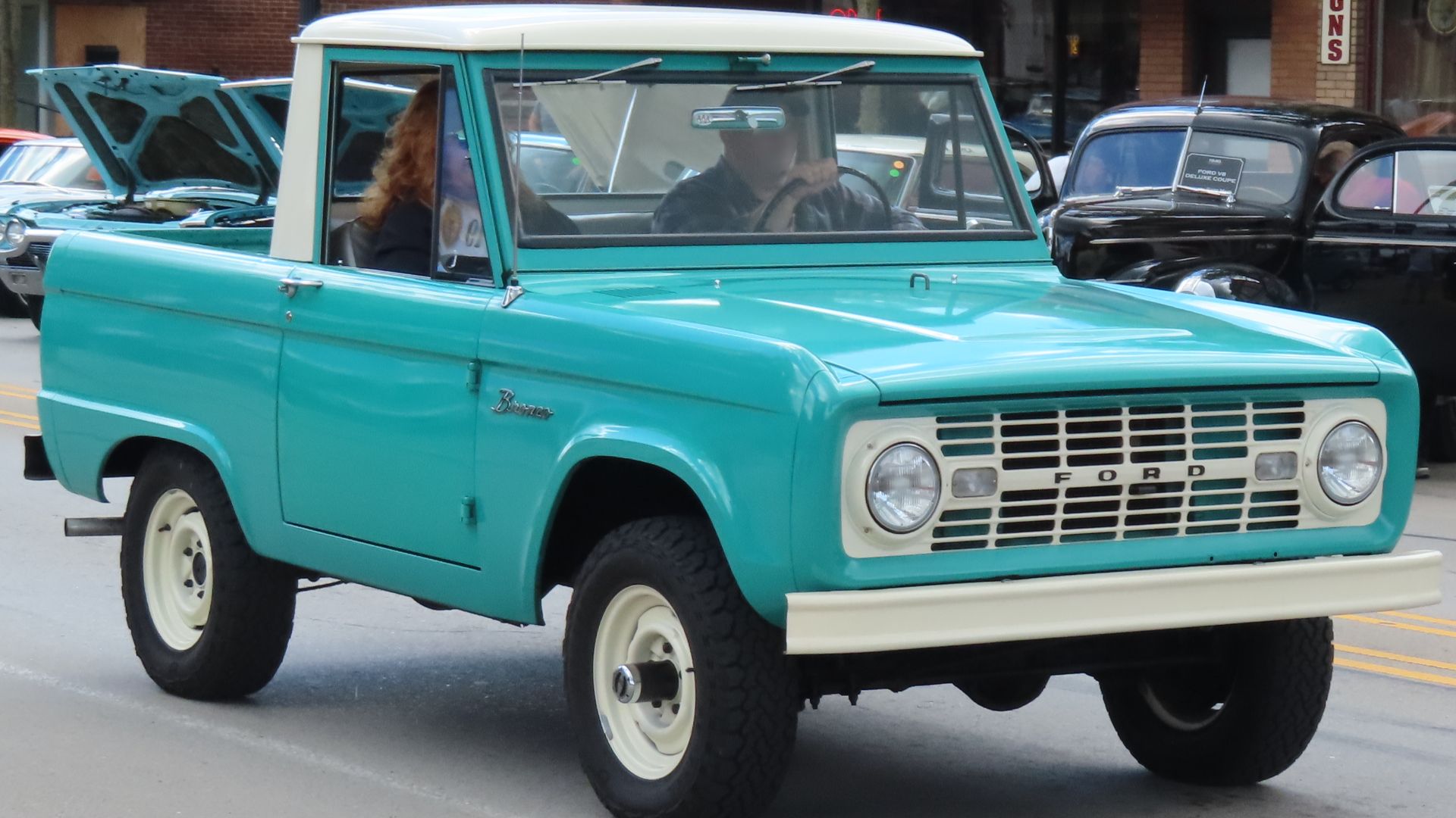 1966 Ford Bronco Sports Utility photographed at the 2024 New Brighton Car Cruise in New Brighton, Pennsylvania. Finished in Caribbean Turquoise.