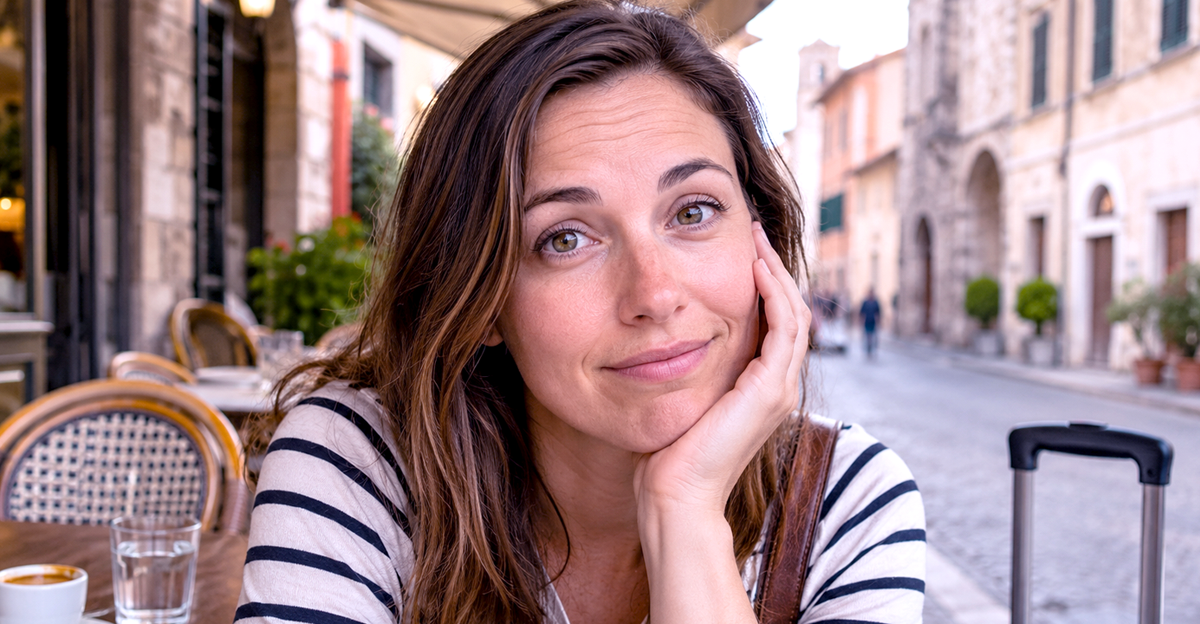 Female American tourist with a small smile while sitting in a European cafe