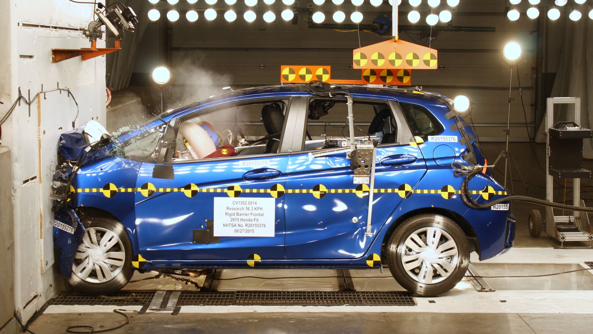 2016 Honda Fit striking a wall head-on as part of a NHTSA R&D test program.