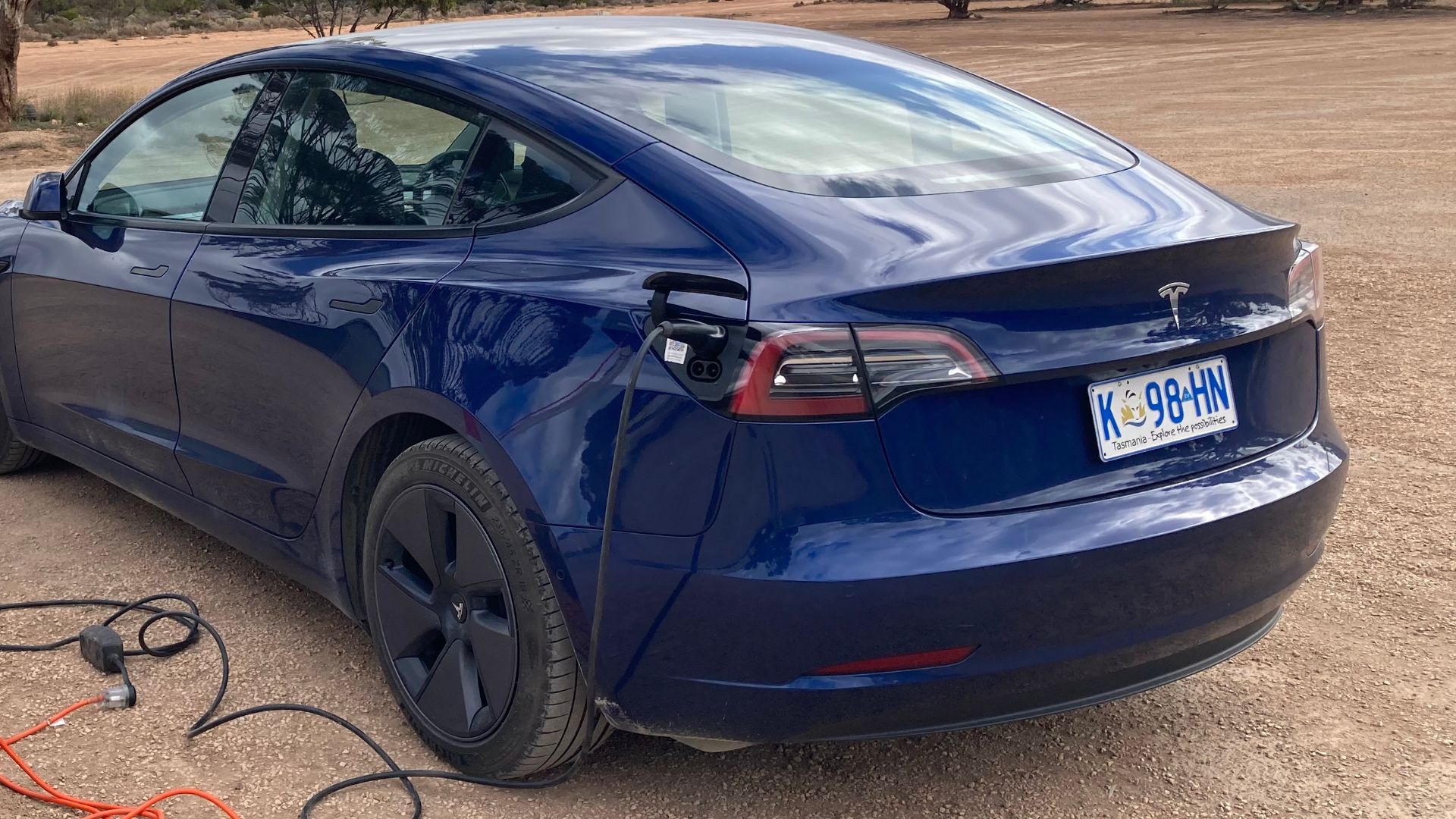 Tesla Model 3 charging at Caiguna Roadhouse, Western Australia