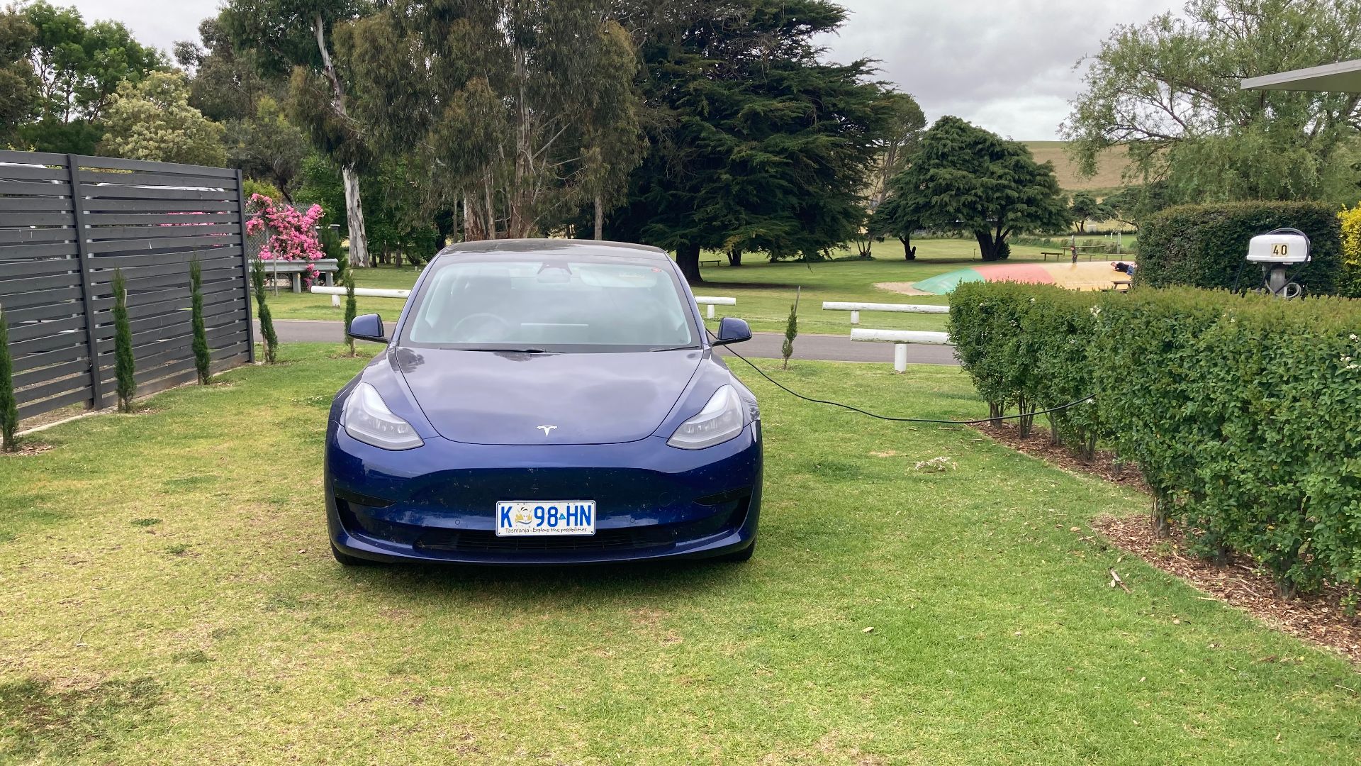 Tesla Model 3 charging at Pine Country Caravan Park, Mount Gambier, South Australia