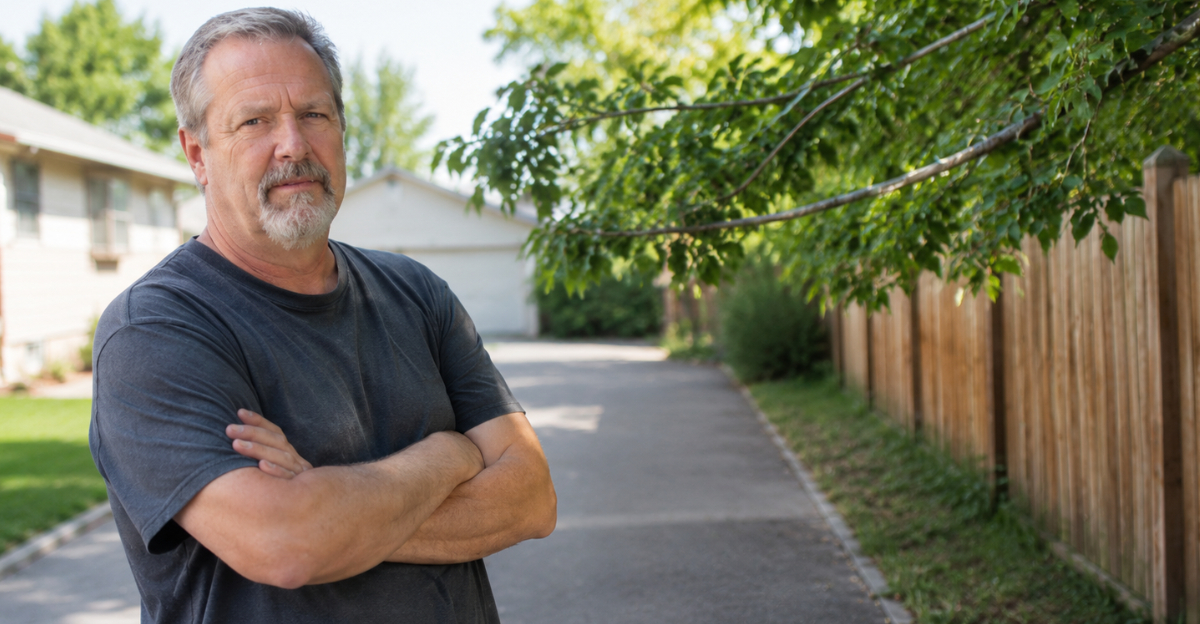 Tree branches over fence, man looking at camera