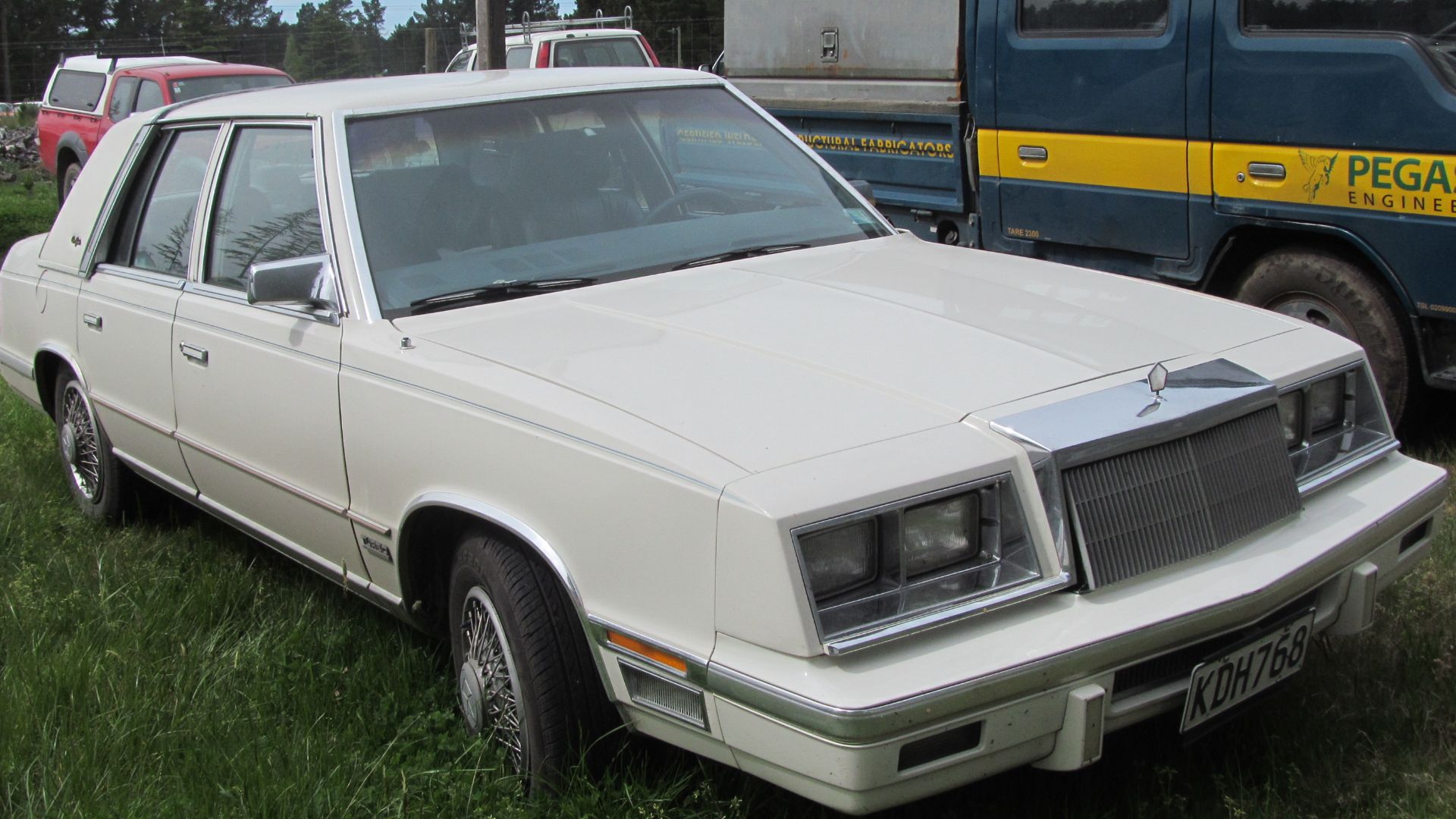 A recent (2015) and relatively obscure import; the E body New Yorker with the 2.2 litre engine (not what I think of when I hear 'Chrysler New Yorker', though this generation did apparently have a digital dash and give voice commands.)

A sticker on the bo