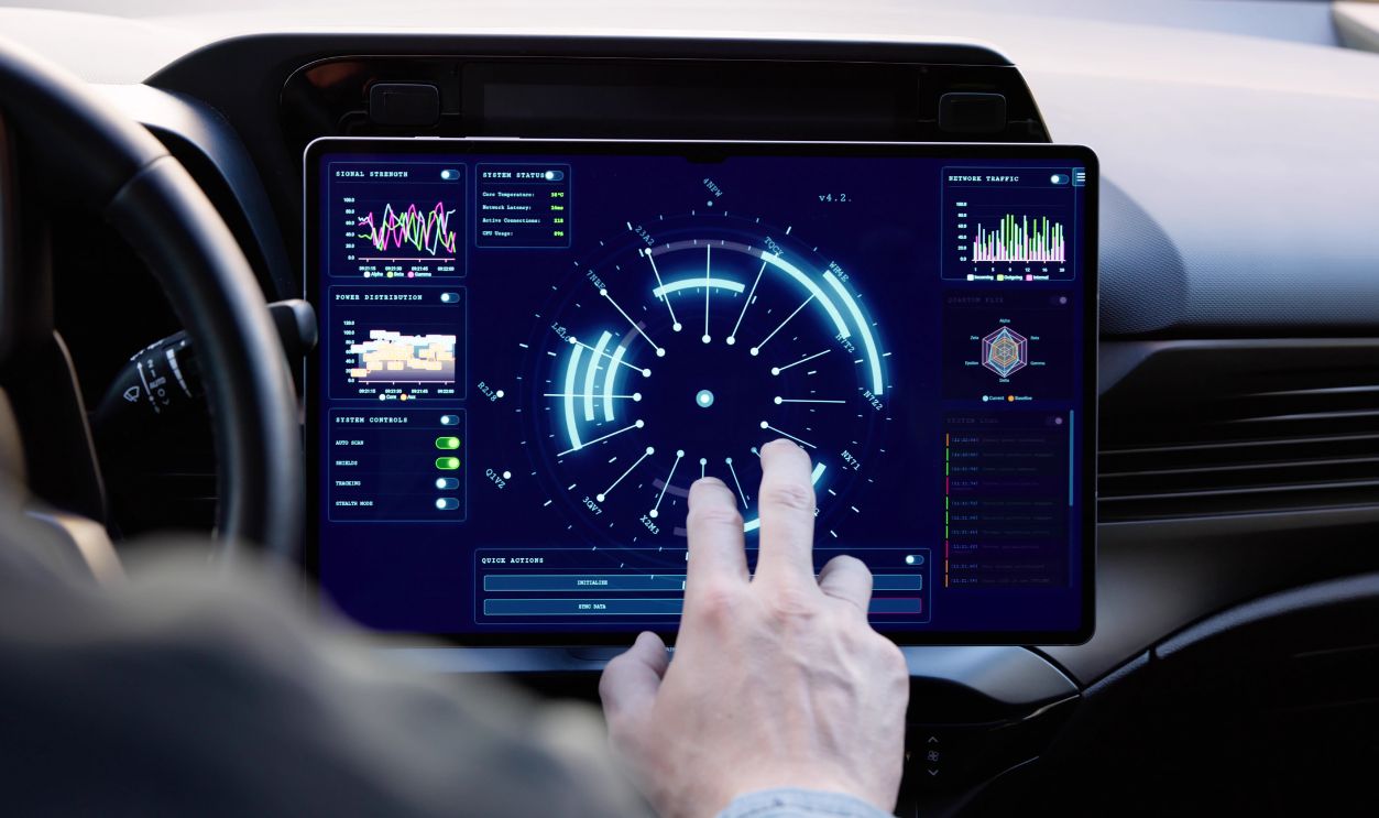 Man Navigating Autonomous Car With Futuristic Touchscreen Dashboard Technology Interface.