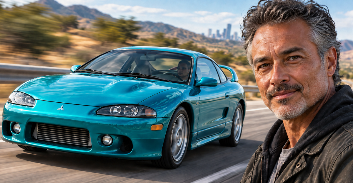 AI-generated image of a man standing next to a 1998 teal Mitsubishi Eclipse