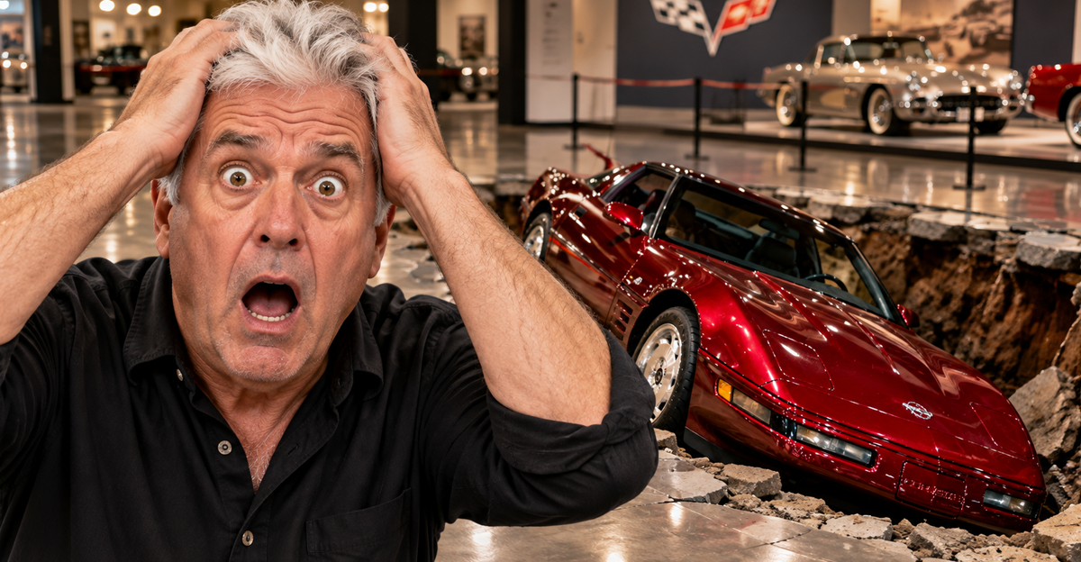 AI-generated image of a shocked man standing next to a Corvette in a sinkhole