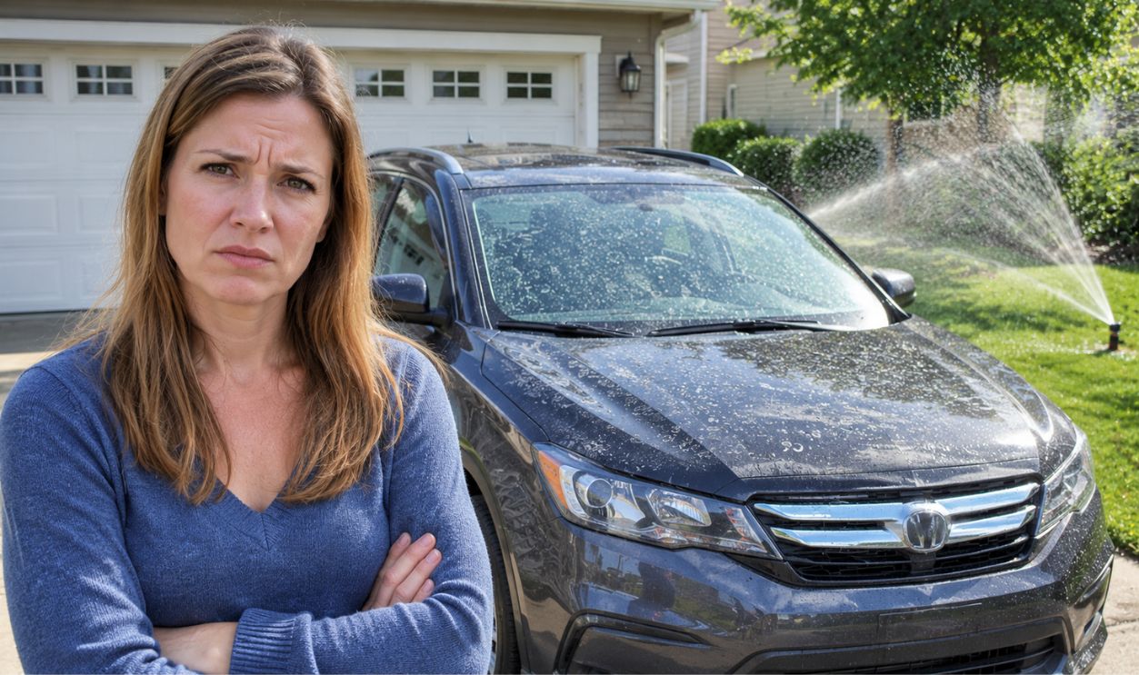 My neighbor's sprinkler sprays hard water over my car