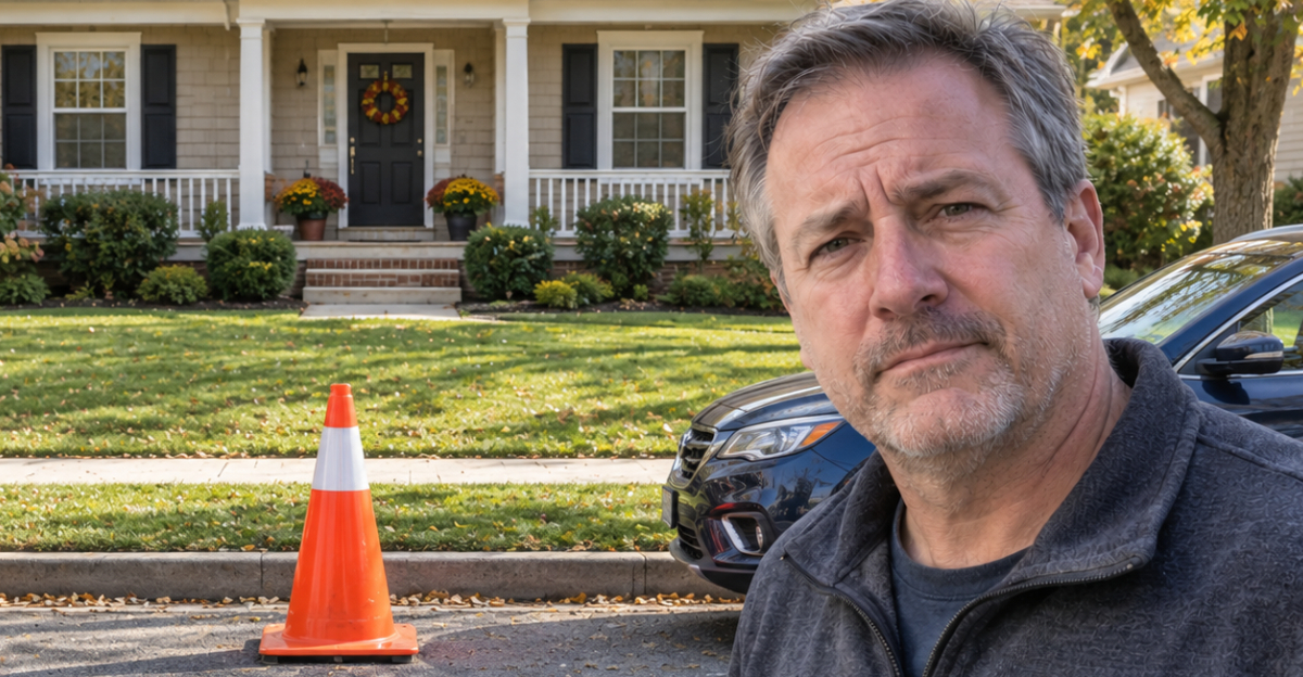 Orange cone on residential street, Man foreground looking at camera