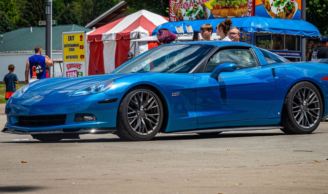 Des Moines, IA - July 03, 2022: Wide angle front corner view of a 2009 Chevrolet Corvette ZR1 at a local car show.