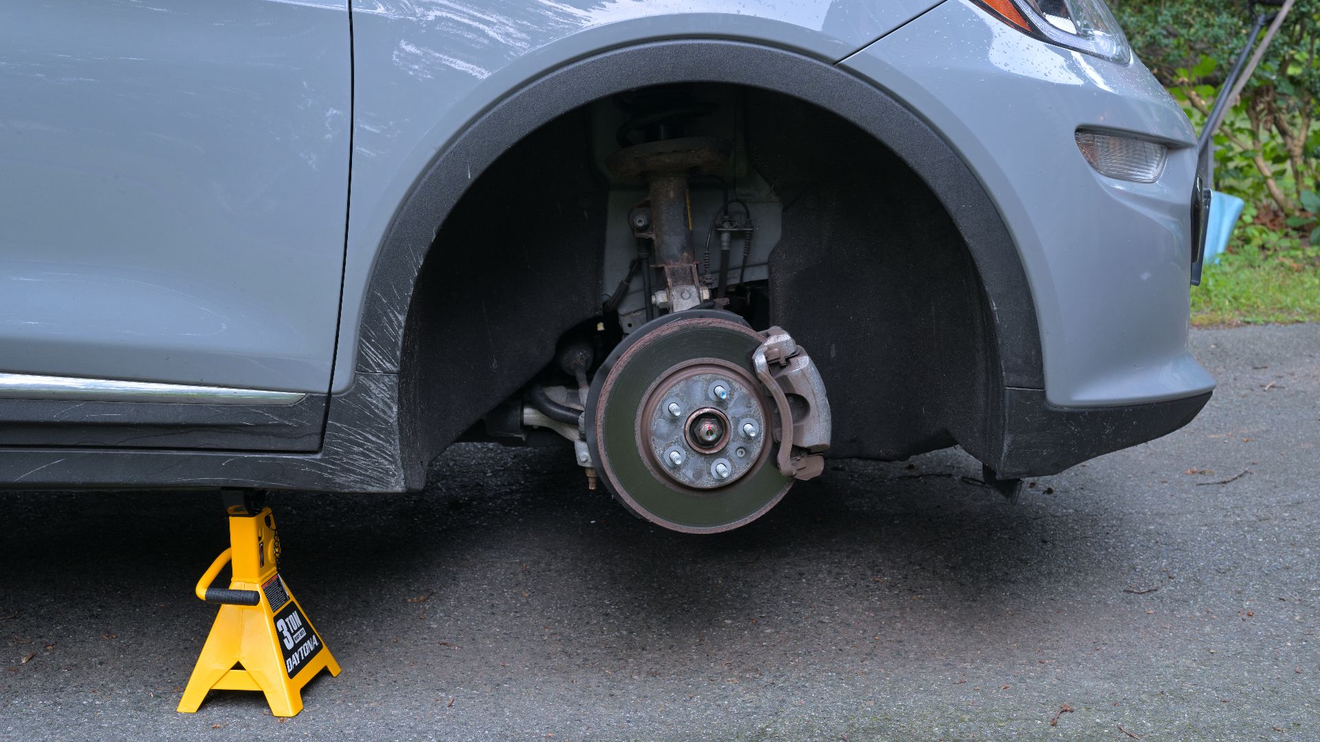 The front passenger-side disc brake on a 2020 Chevrolet Bolt EV