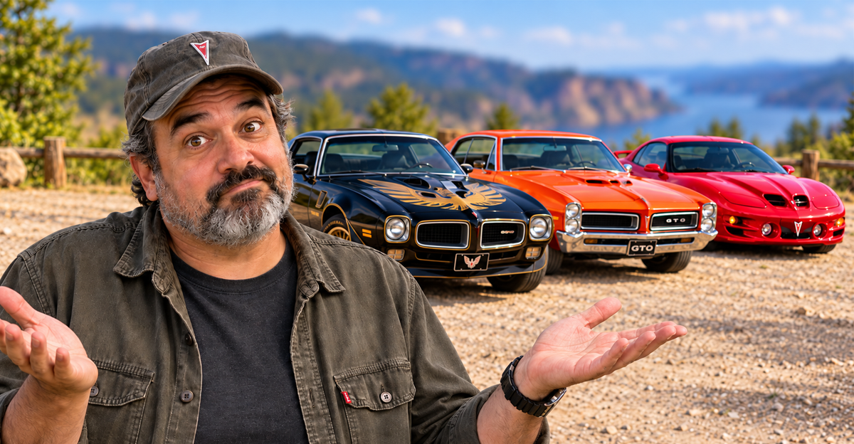AI-generated image of a shrugging man with Pontiac Firebird, GTO, and Trans Am