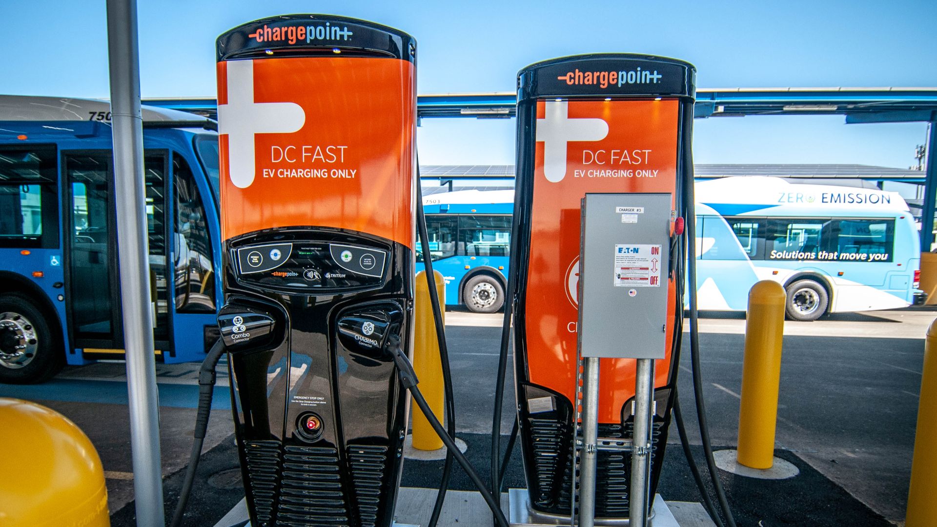 A ChargePoint charging station for electric buses at the Santa Clara Valley Transportation Authority’s Cerone Division bus yard during a press conference on April 19, 2018.