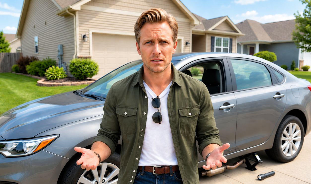 helpless man standing in front of his car