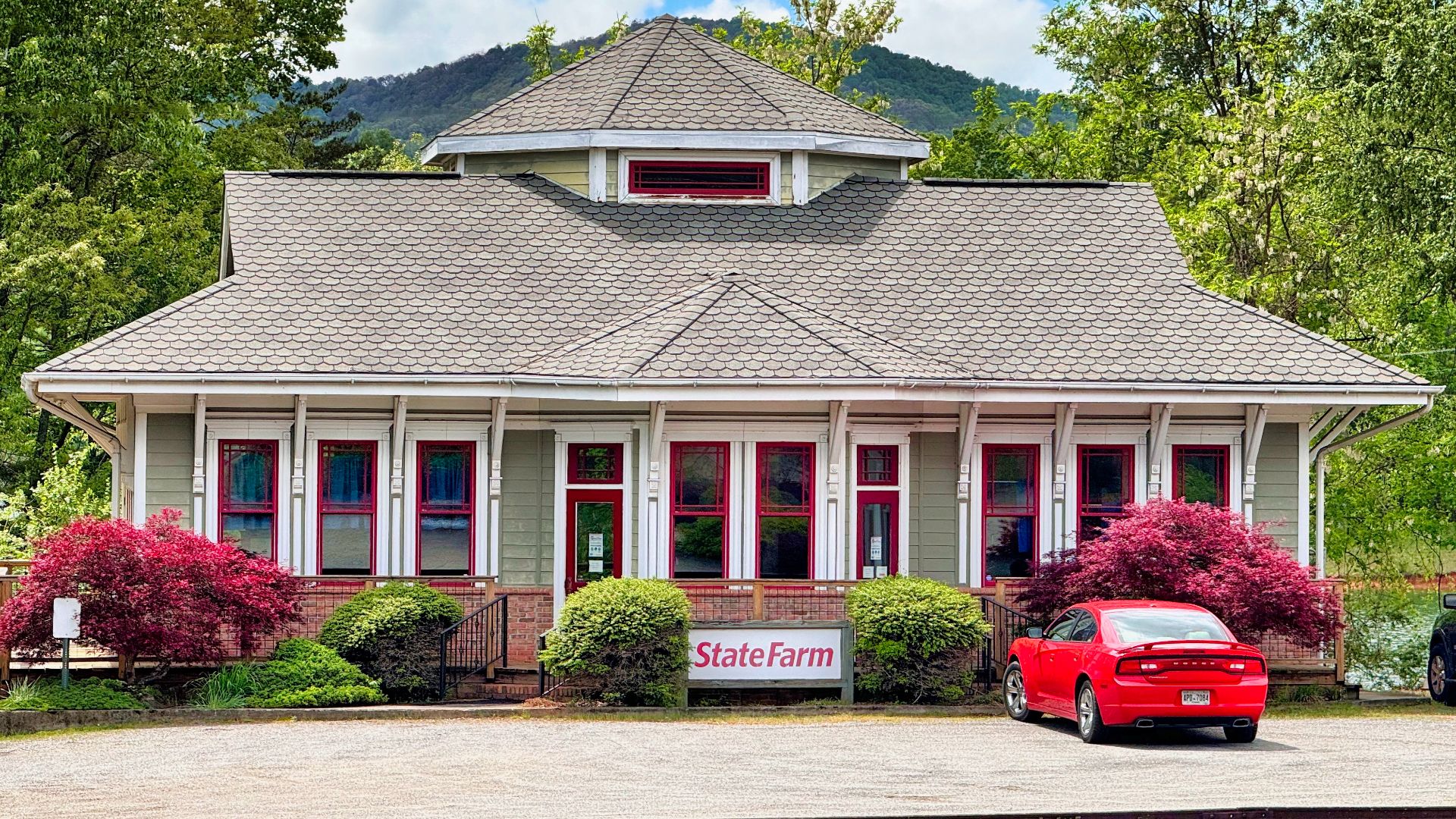 A State Farm Insurance office in a classic railroad depot building in Hiawassee, Georgia, United States