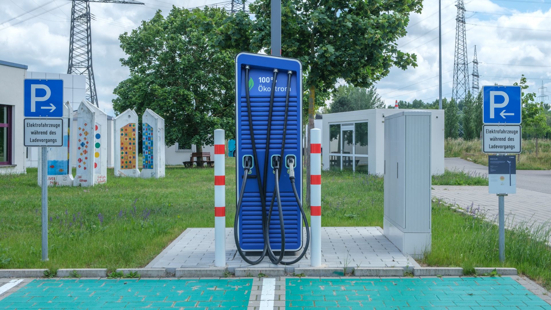 Public charging station with eco-friendly design for electric vehicles.
