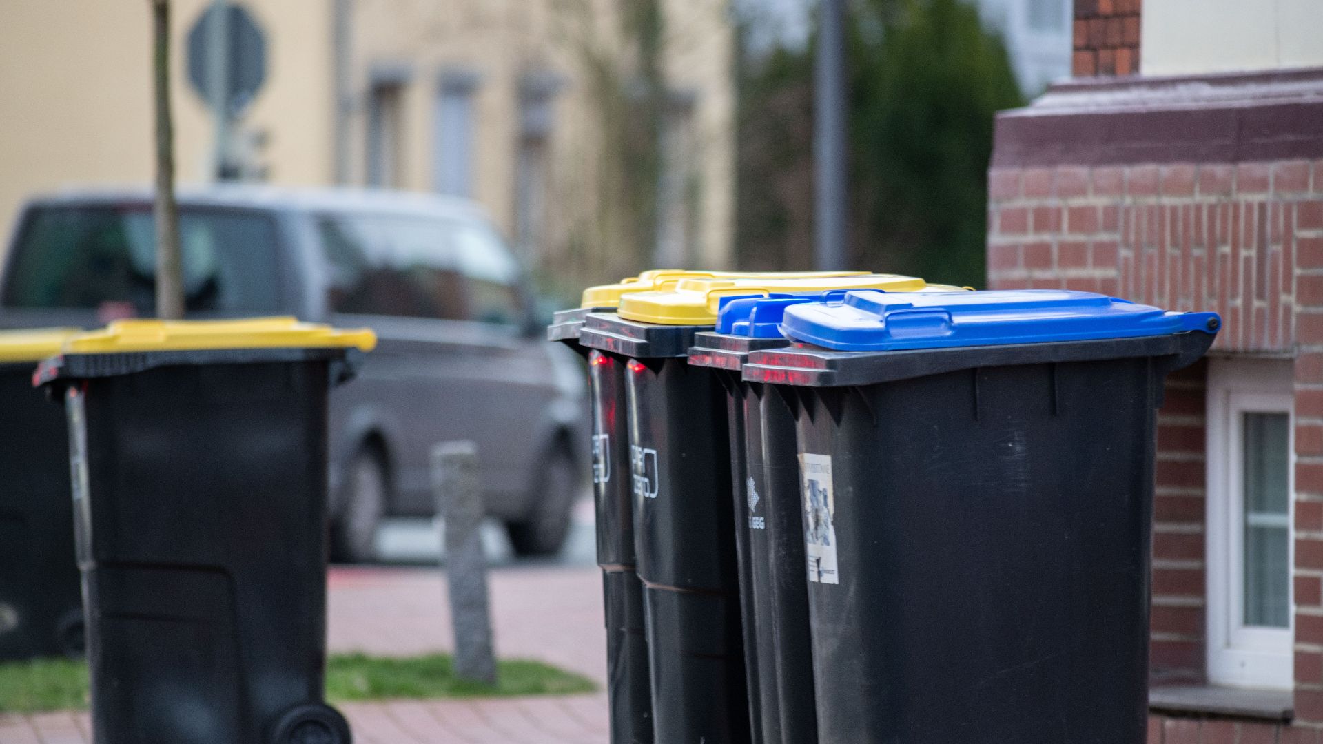 Color-coded trash bins on a city street in Gütersloh, Germany, showcasing urban waste management.