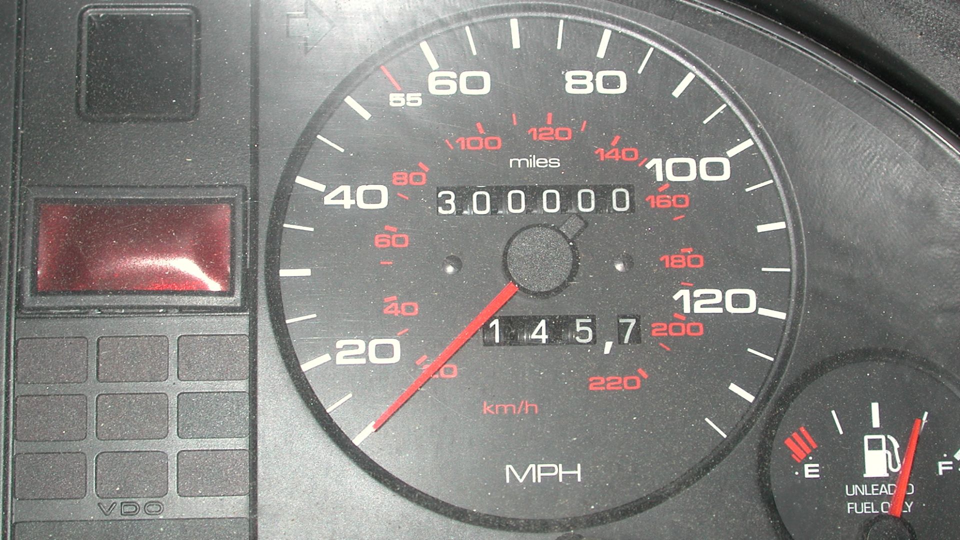 A VDO odometer indicating 300,000 miles in a 1988 Audi 90 Quattro.  Of course to get there, it had to be repaired.