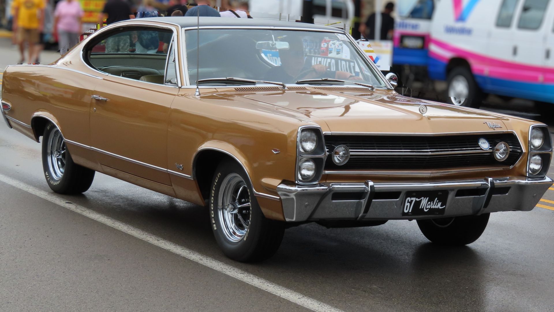 1967 AMC Marlin photographed at the  2023 New Brighton Car Cruise in New Brighton, Pennsylvania. Finished in Sungold Amber Metallic.