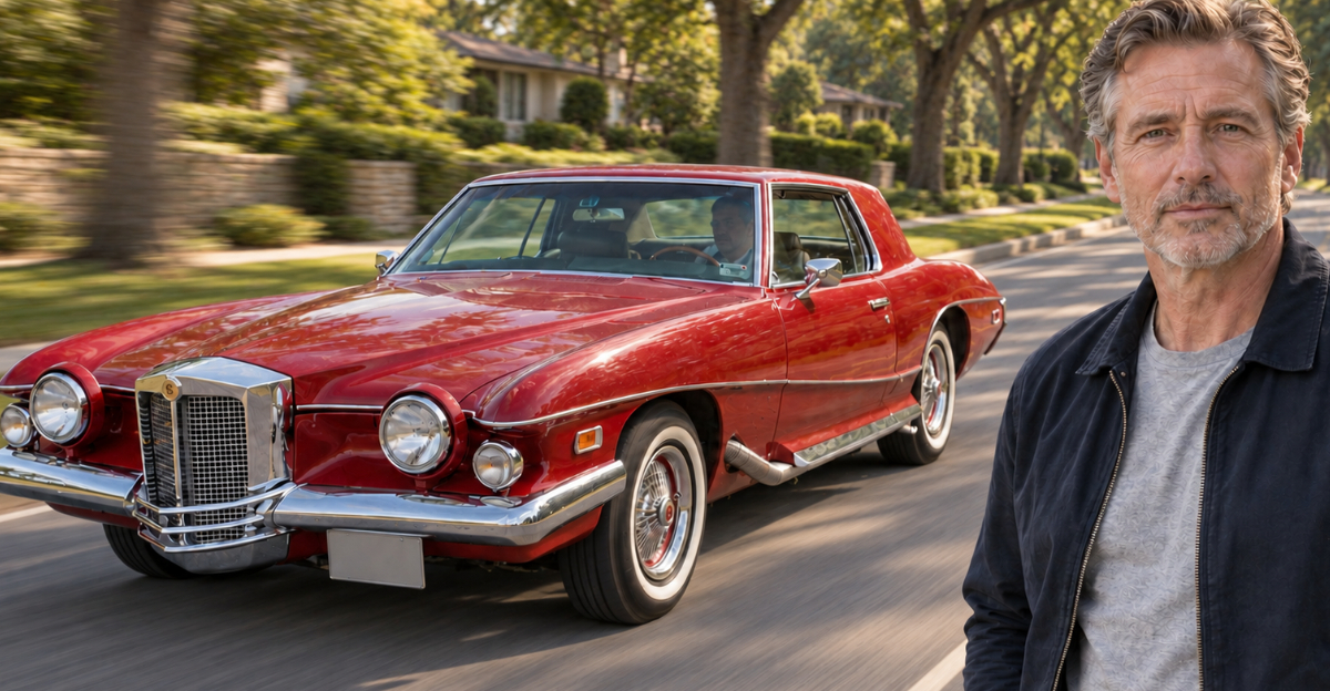 red luxury car on road, man in foreground looking at camera