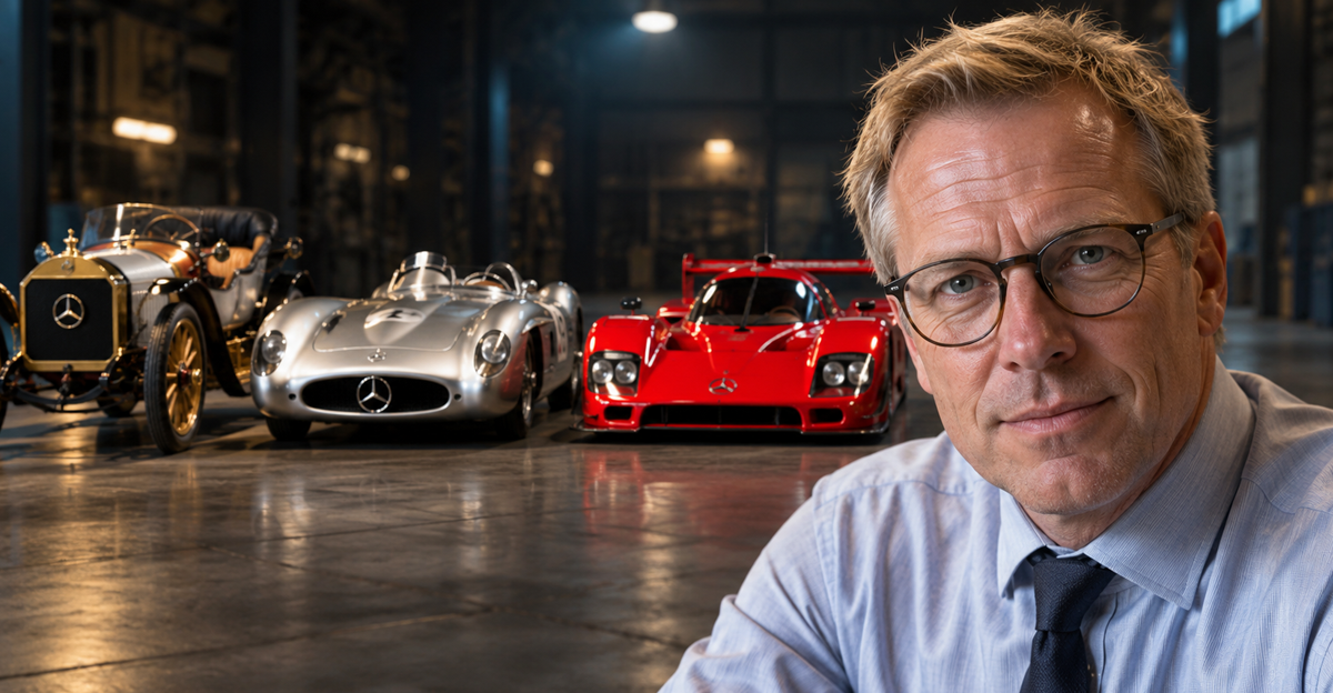 AI-generated image of a man next to a Mercedes Simplex, Silver Arrow, and Sauber C9