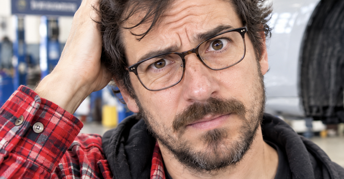 Confused man with glasses at the car mechanic's.
