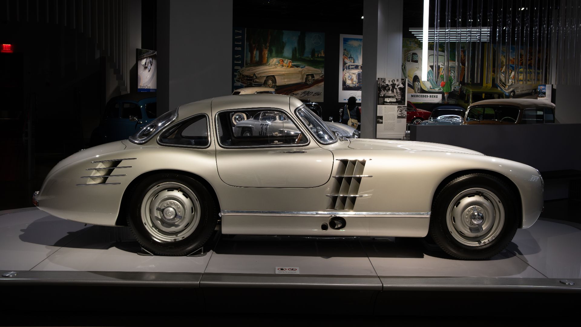 The Mercedes-Benz 300 SLR Uhlenhaut Coupé, a road-going derivative of the W196S racing car, displayed at the Petersen Automotive Museum in Los Angeles.