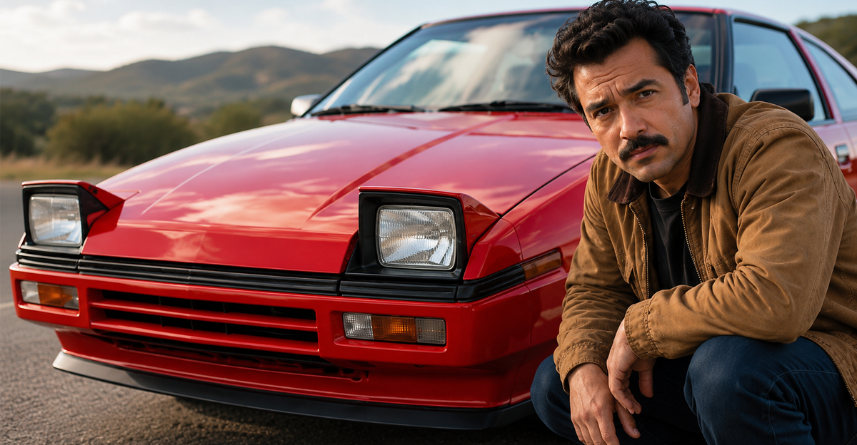 AI-generated image of a man crouched down next to a red Subaru XT