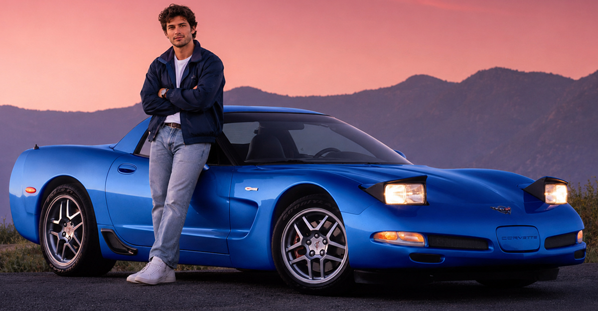 AI-generated image of a man leaning against a blue C5 Chevrolet Corvette