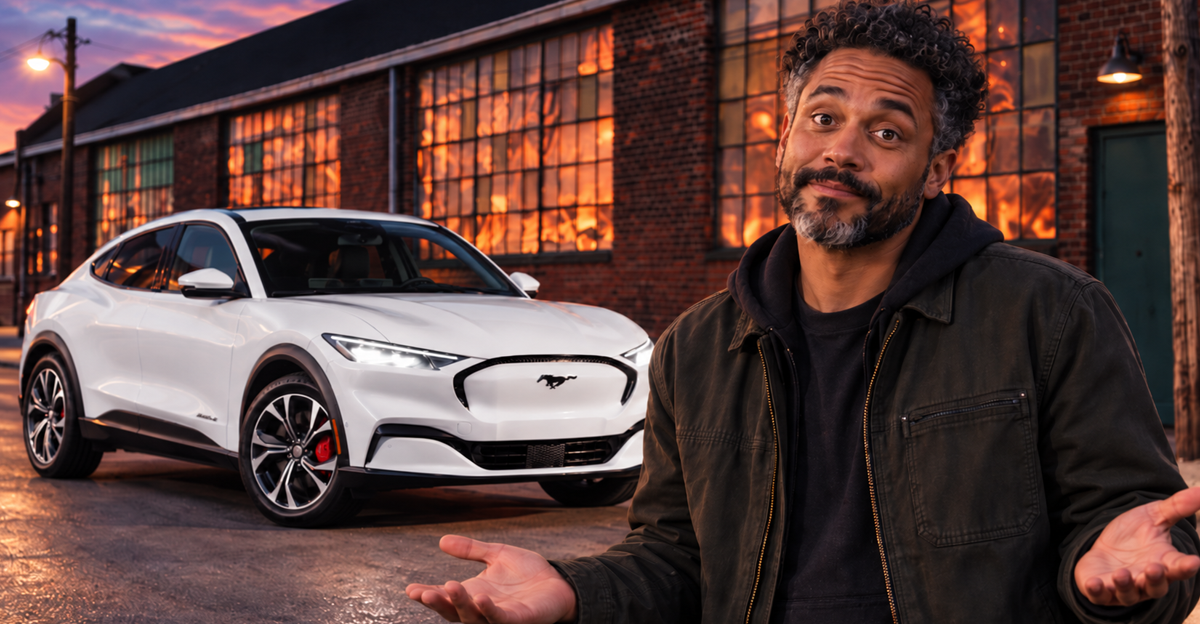 AI-generated image of a man shrugging beside a white Ford Mustang Mach-E