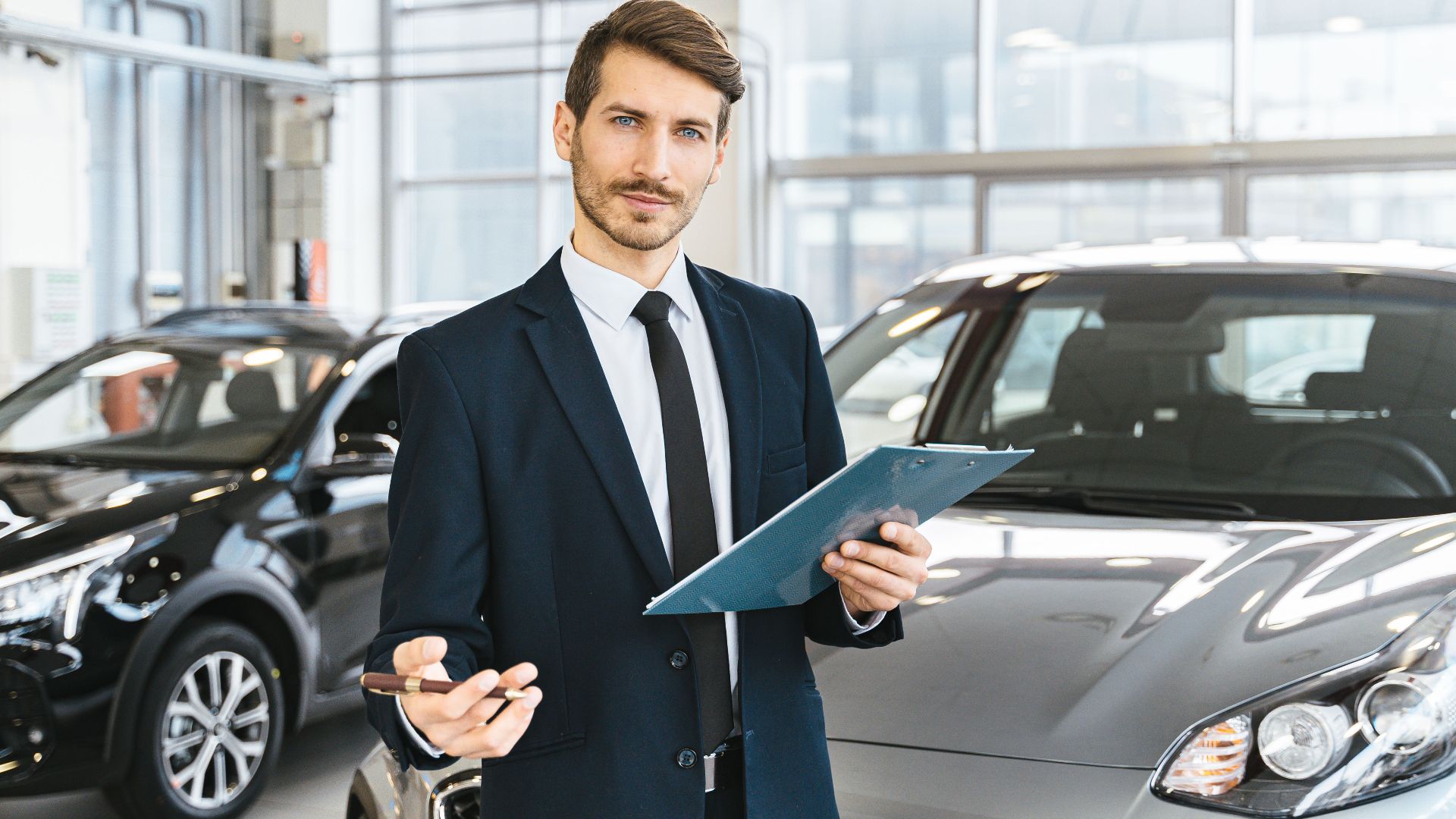 Professional car dealer in business suit holding clipboard in a bright car showroom.