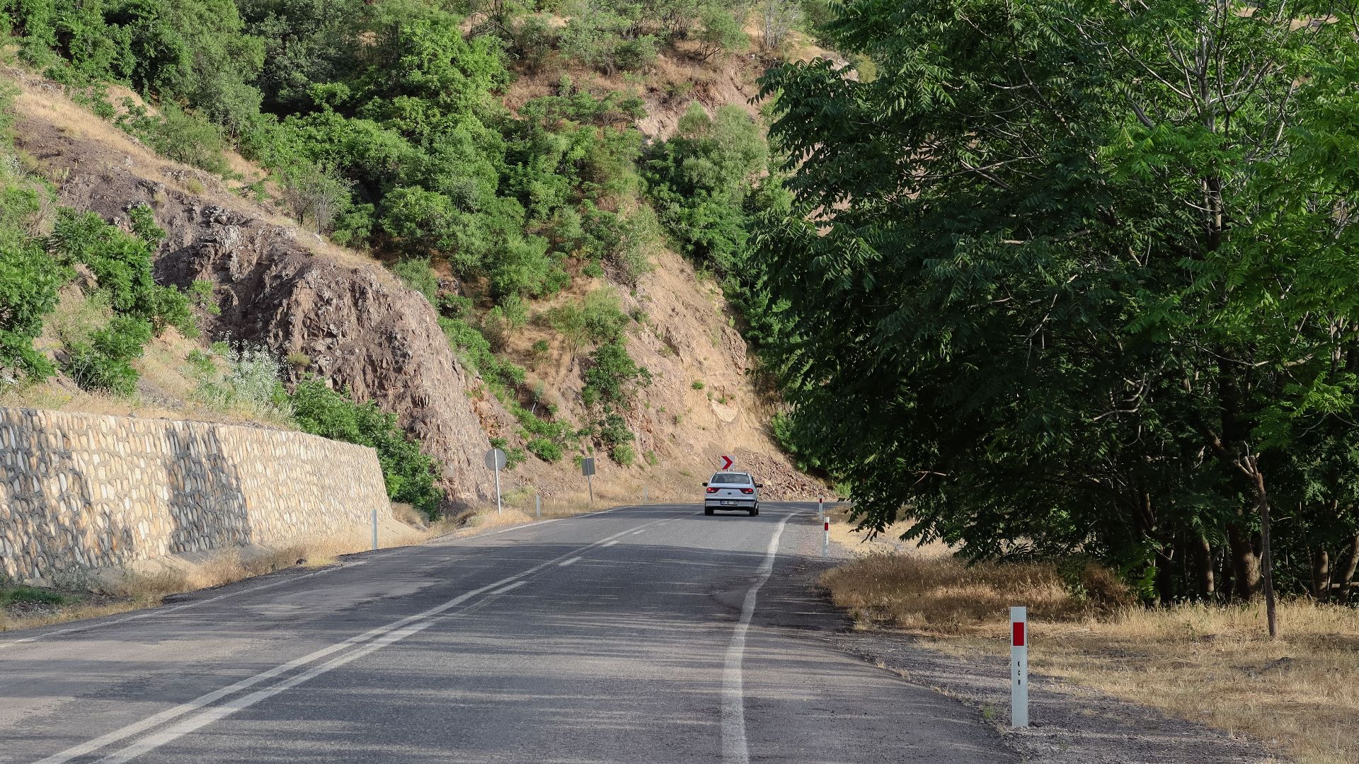A serene rural road winding through lush hills in Palu, Elazığ, Türkiye, under clear skies.