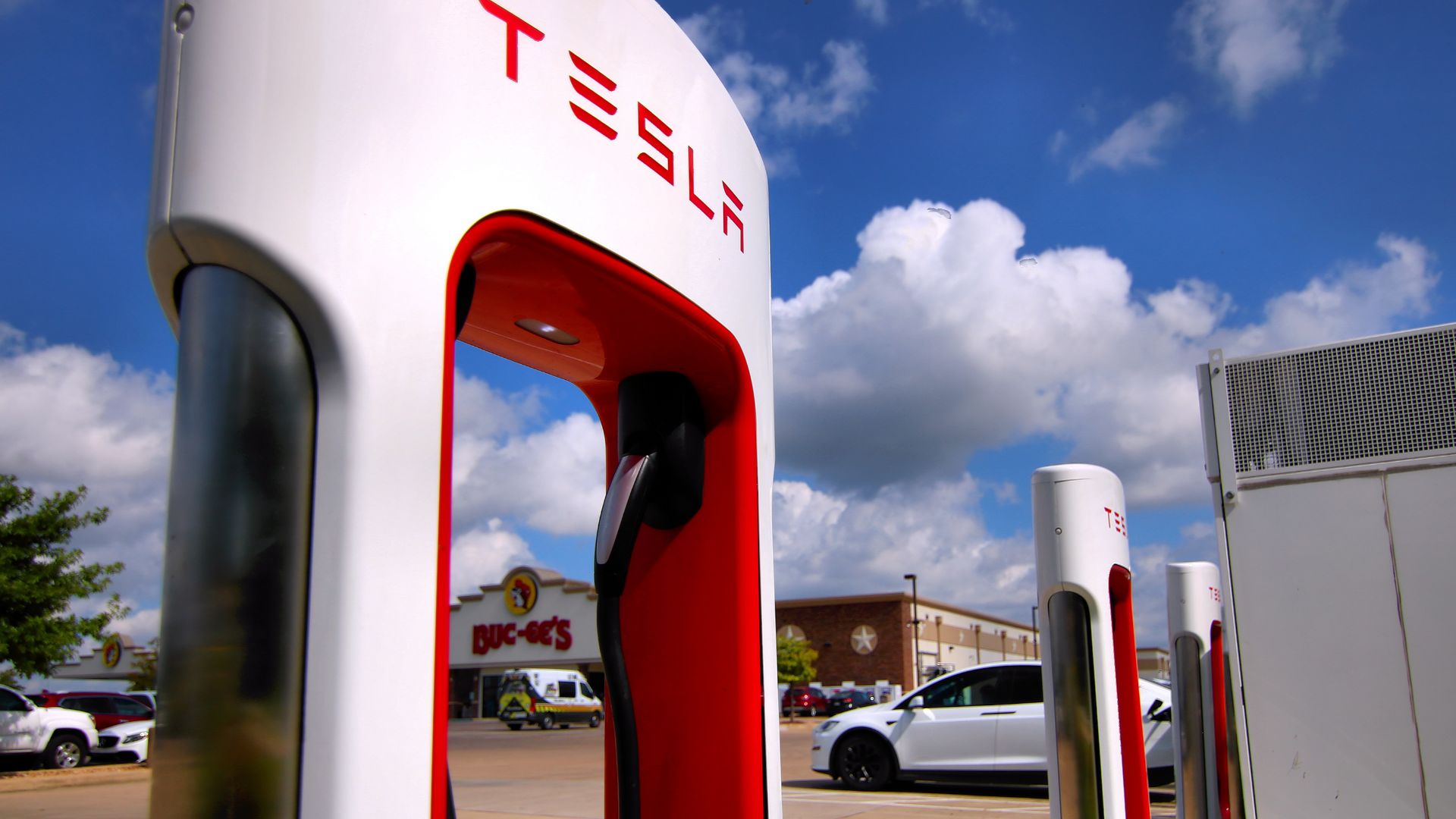 Tesla superchargers at Buc-ee's in Bastrop, Texas, United States.