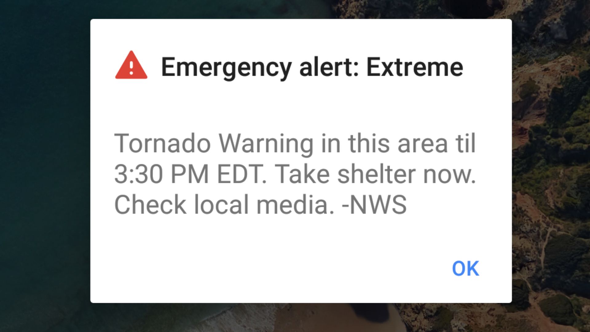 An actual Wireless Emergency Alert message indicating a Tornado Warning for the covered area.