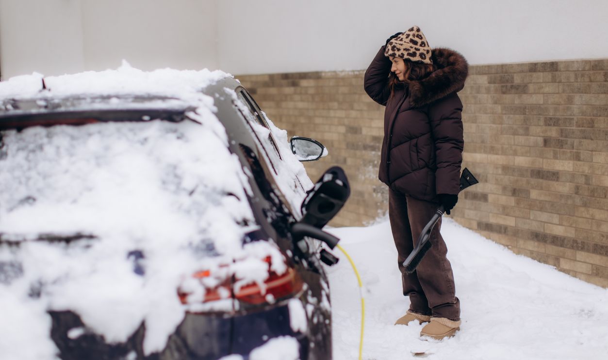 Shutterstock - 2742906009 - Woman standing beside her electric vehicle charging in deep snow, highlighting EV performance challenges in cold weather.