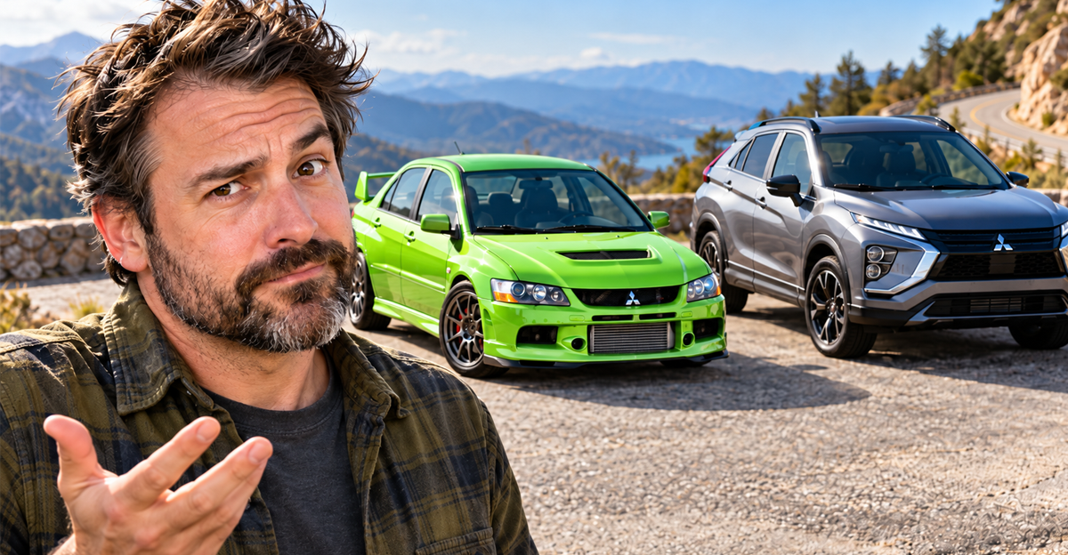 AI-generated image of a man beside a Mitsubishi Lancer Evolution and Eclipse Cross.  
