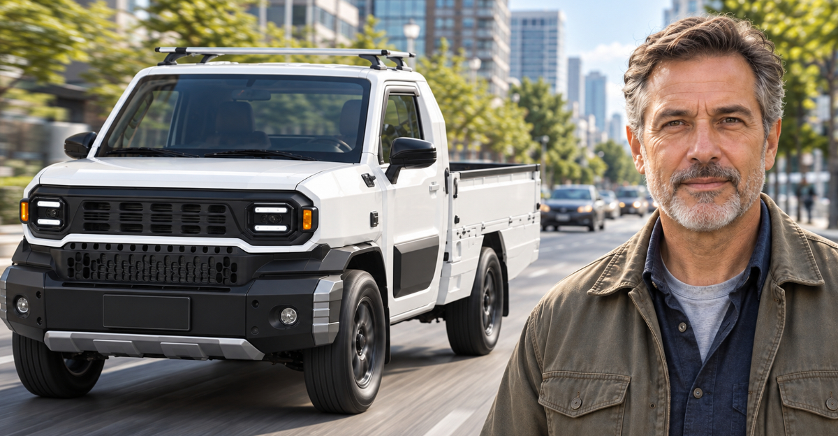 White pickup truck on road, man in foreground looking at camera