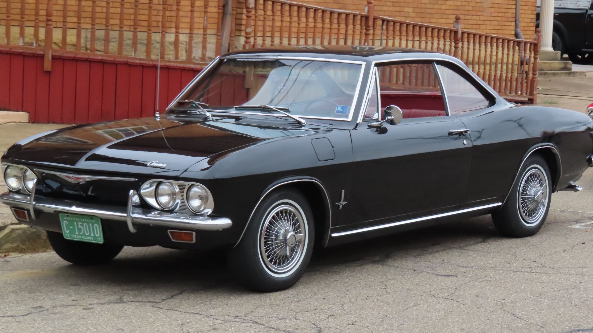 1965 Chevrolet Corvair Monza Sport Coupe photographed at a car show in New Brighton, Pennsylvania. Finished in Tuxedo Black.