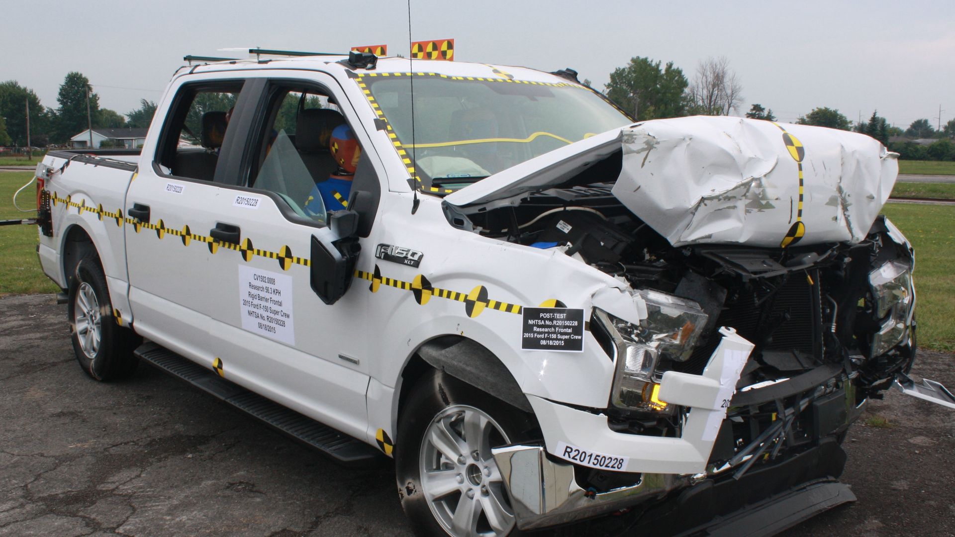 Frontal full-width crash test of a 2015 Ford F-150.