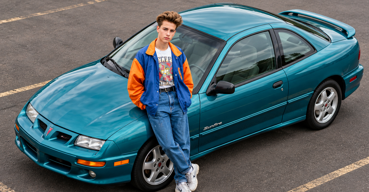 AI-generated image of a teen leaning against a teal Pontiac Sunfire