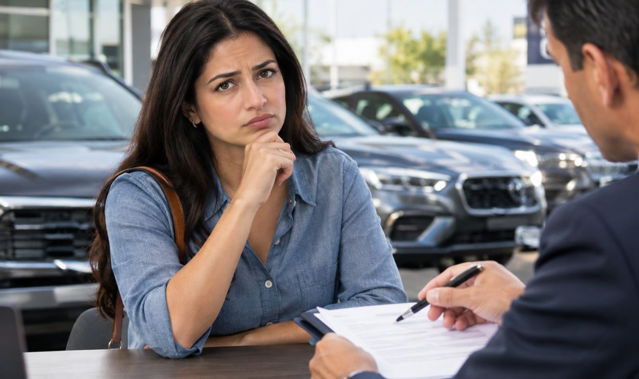 Skeptical Buyer Reviewing Car Contract