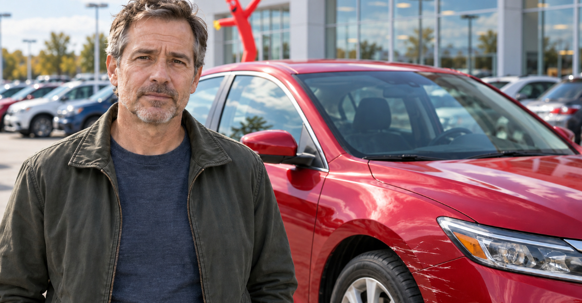Man standing in front of red car in dealership parking lot