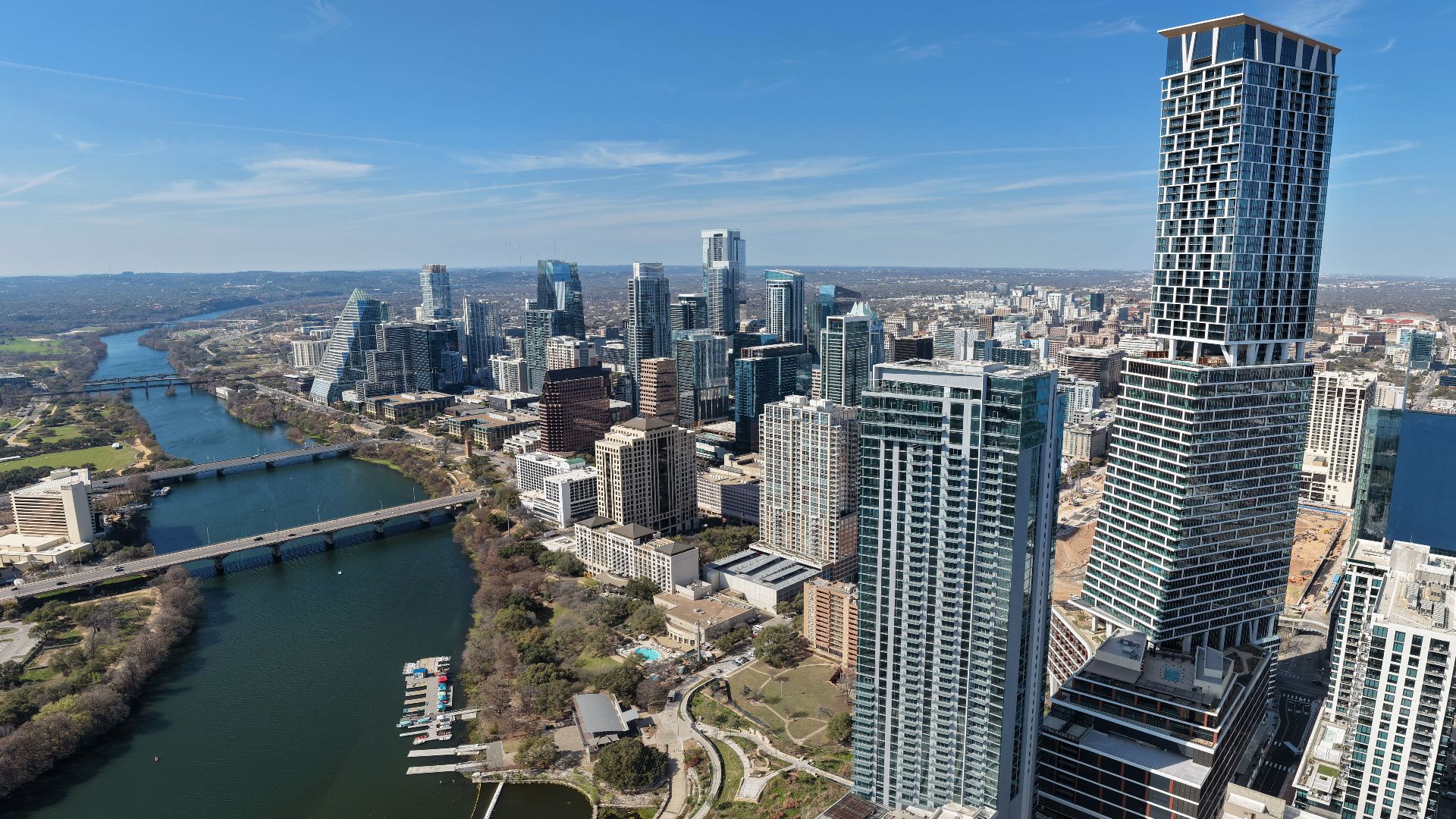 Aerial view of the skyline of Austin, Texas, from the Colorado River.