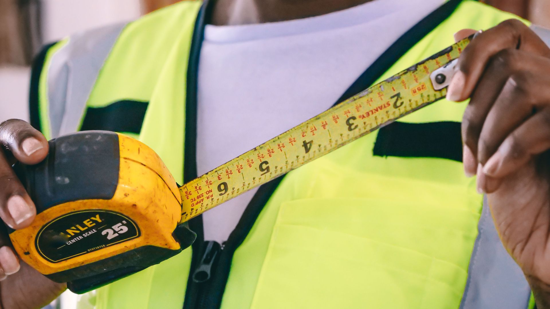 Detail of hands holding a measuring tape in a work environment.