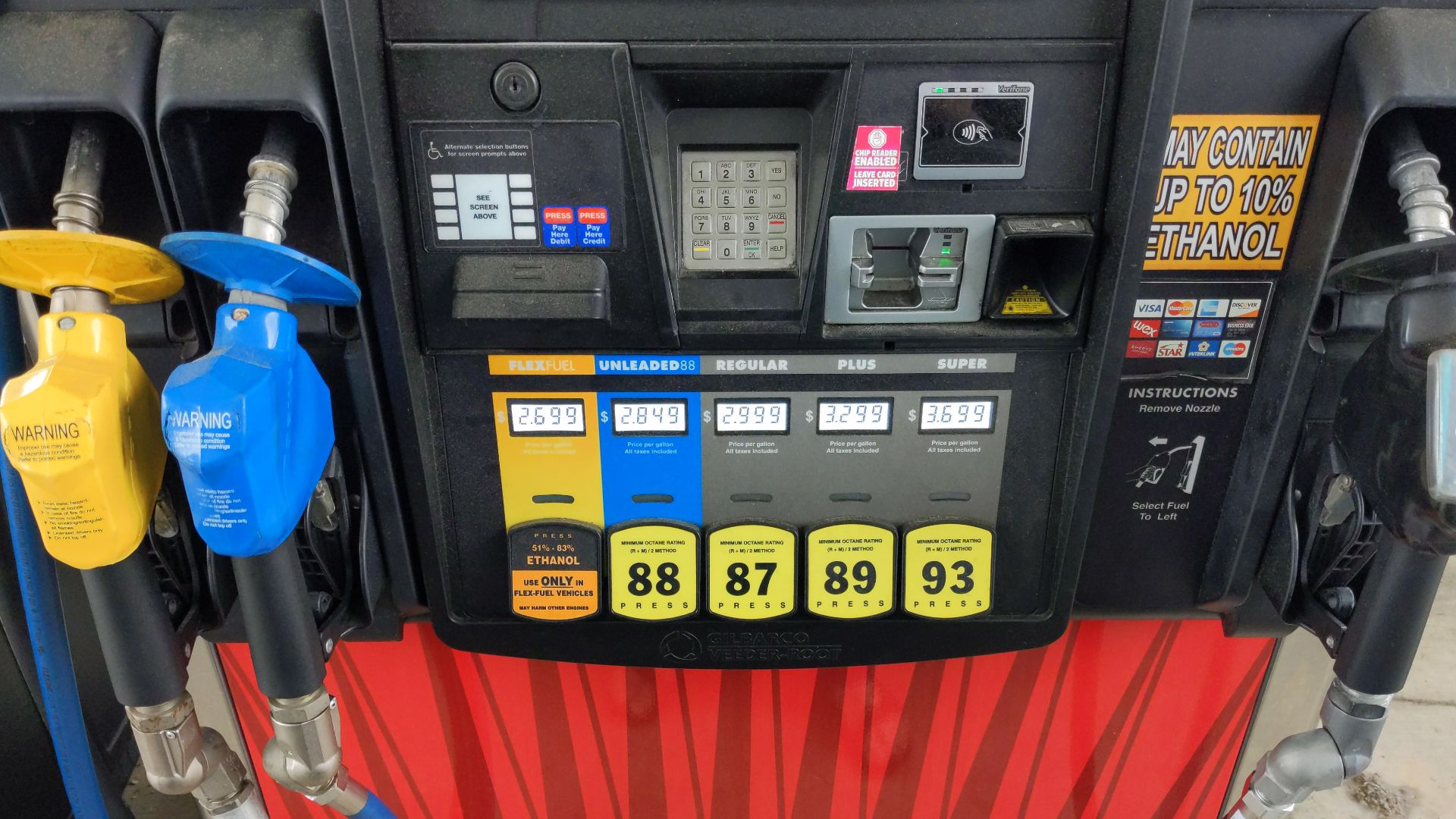 Close up of a gas pump with three nozzles: yellow for E85 (
