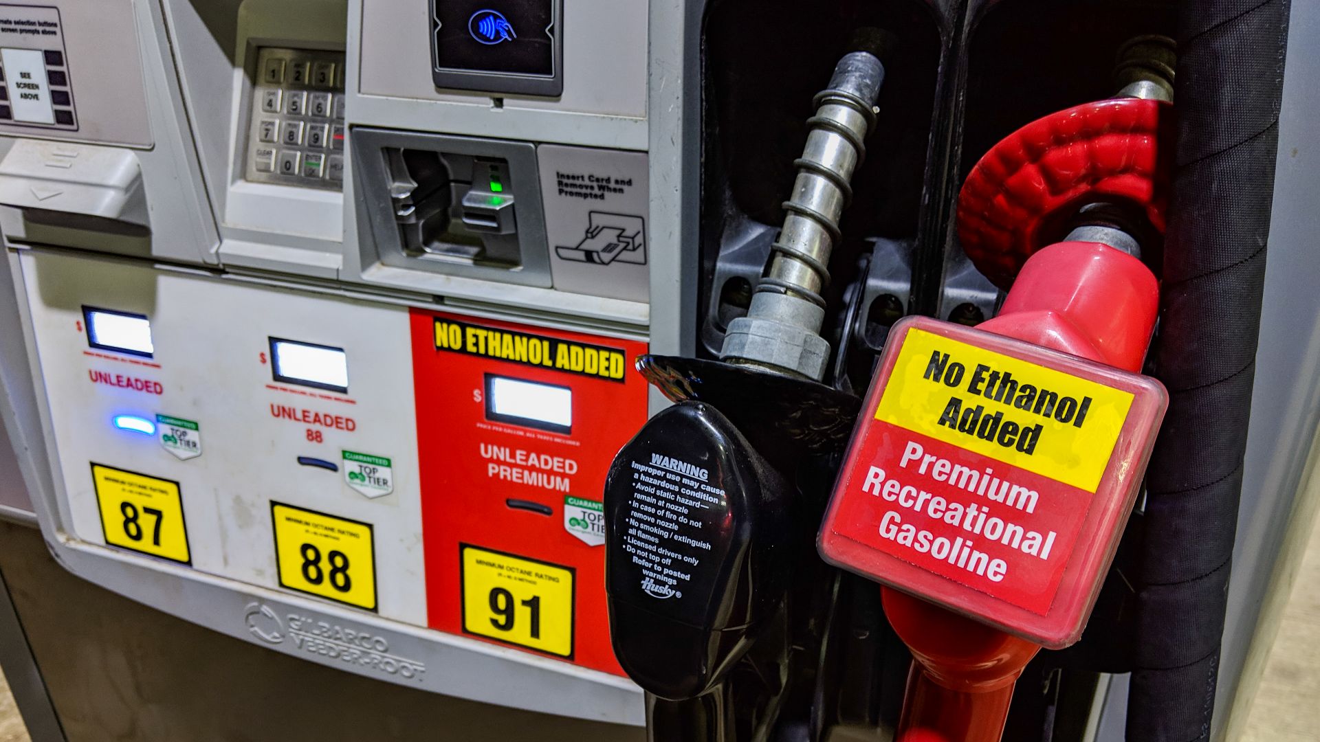 91 octane premium unleaded gasoline, no ethanol added (ethanol free fuel) gas pump, at a Kwik Trip fueling station in Hinckley, Minnesota.