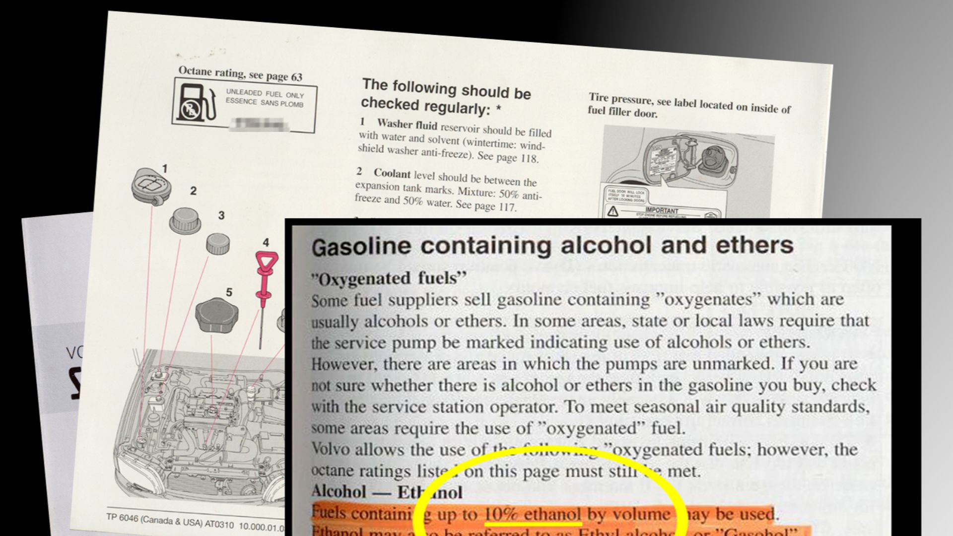 Artwork showing the typical recommendation by carmakers about the use of up to 10% ethanol blend (E10) stated in the owner's manual. Any copyright materials were moved to the background and showed only in part to avoid any copyrights dispute.