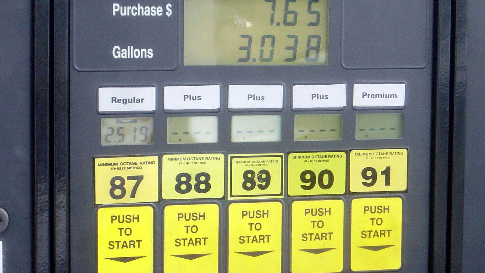 A gas station featuring five en:Octane ratings, somewhere near the Missouri/Iowa border (can't remember...).  Photo taken by Bobak Ha'Eri.  September 3, 2006. Please observe license and properly cite in use outside Wikipedia.