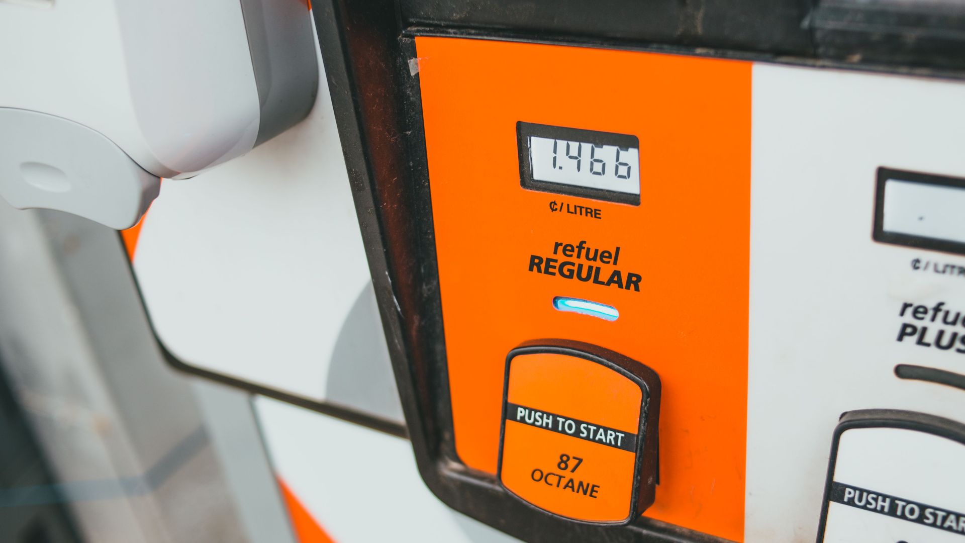 Detailed view of a gas pump showing price and octane level 87.