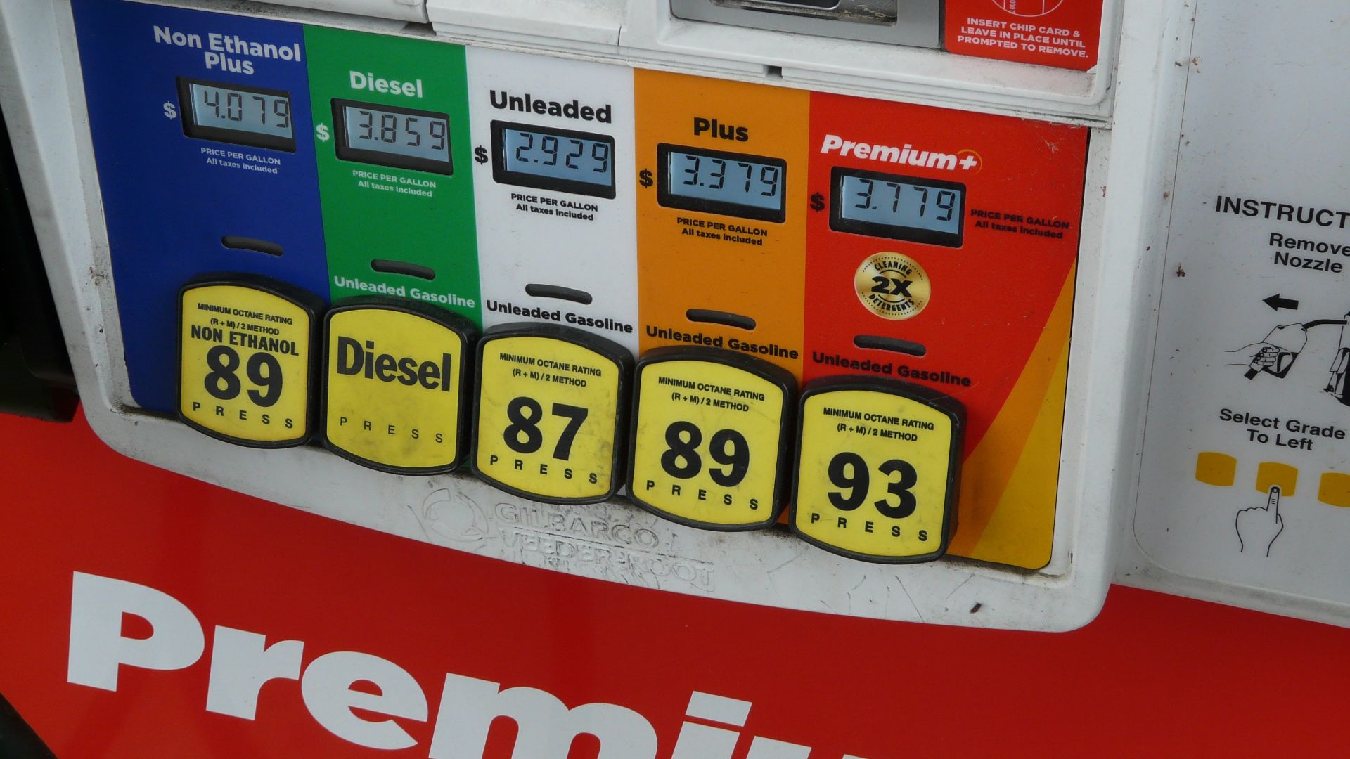 Buttons for varous grades of gasoline at a Circle K gas station in Crawfordville, Florida. Noticed these because I spotted an odd error on the pump, with the diesel button also being labled as