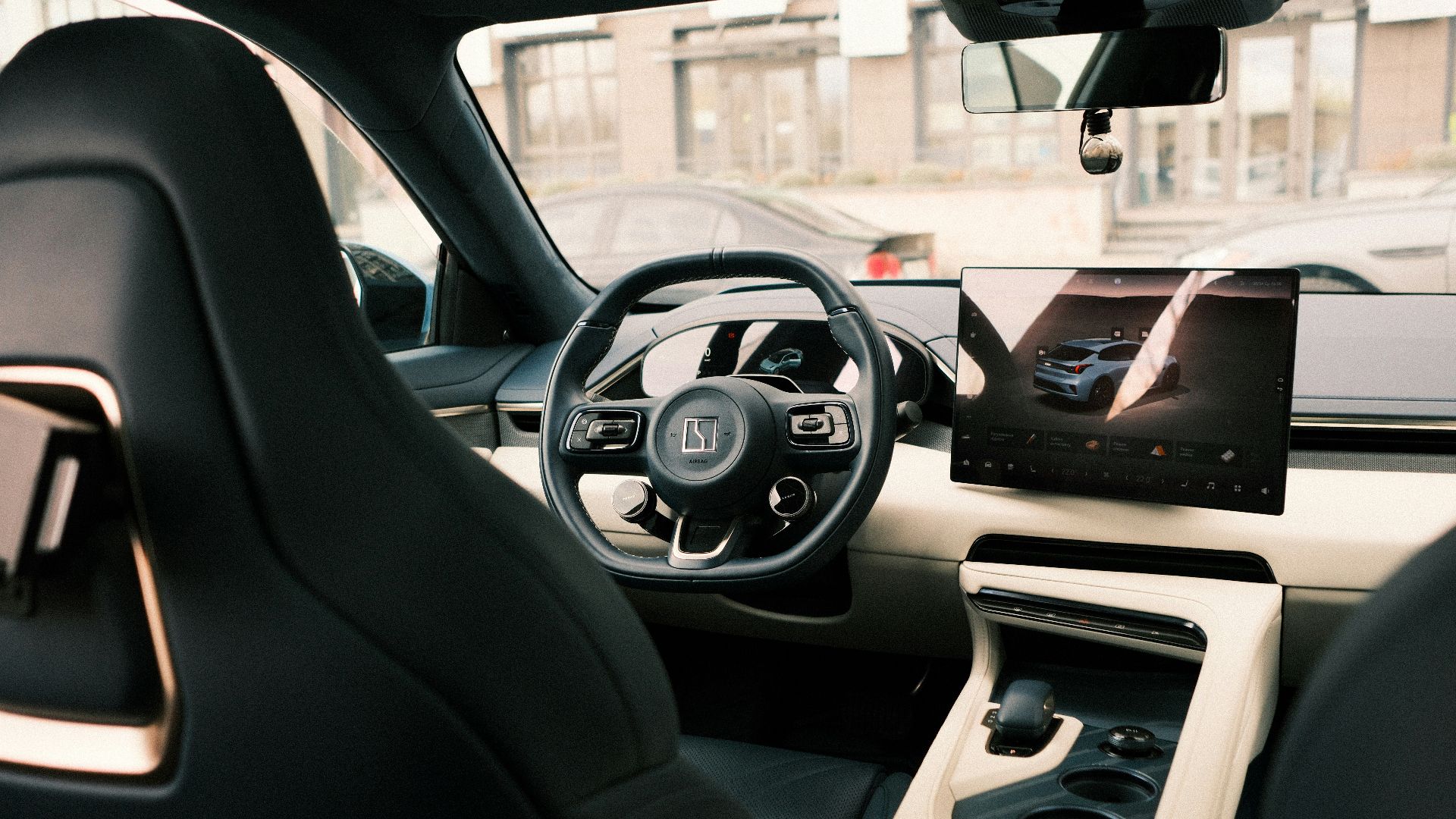 Modern car interior with large touchscreen display